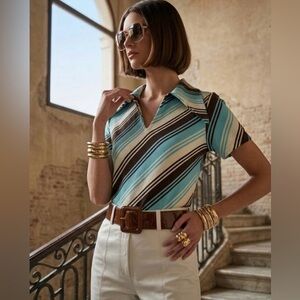 Vintage 70s Cintura Short Sleeve Diagonal Striped Shirt w/Dagger Collar Sz M